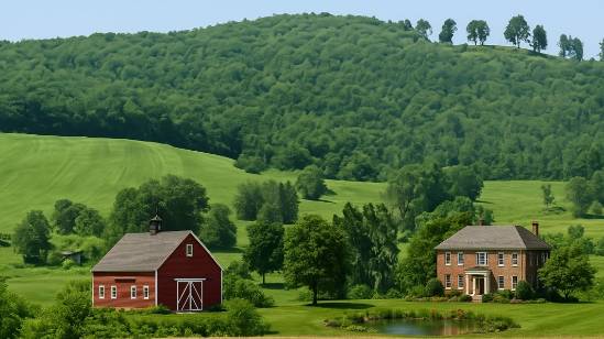 Photograph of a rural landscape with a stately brick farmhouse surrounded by manicured landscaping, a small pond in the foreground, and a traditional red barn with a cupola to the left. Rolling green hills and a dense forest form the background under a clear blue sky.